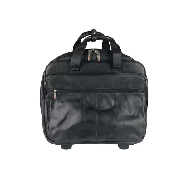 Like-New Foray Unisex Black Leather Adjustable Handle 2 Wheel Trolley Bag - Picture 1 of 11